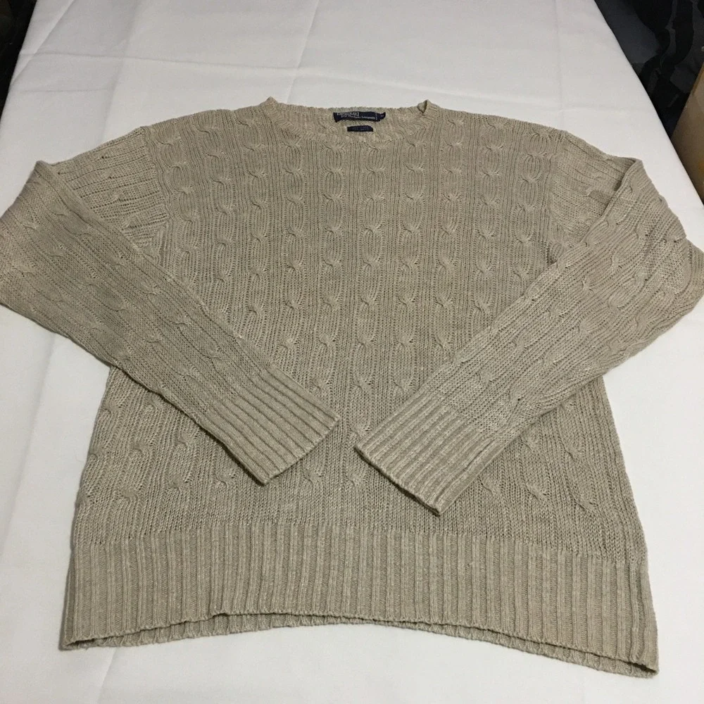 Polo Ralph Lauren Sweater Mens Medium Beige Linen Ramie Cable Knit
